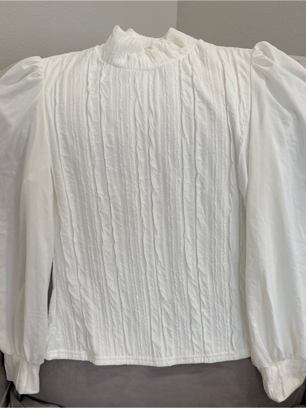White Ruffled High-Neck Puff Sleeve Top